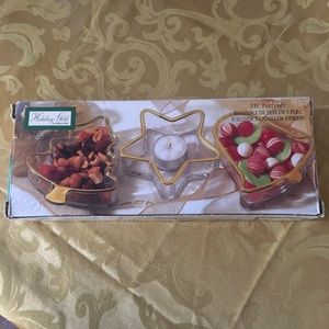 HOLIDAY GOLD BY INDIANA GLASS 3 PC PARTY SET IN THE ORIGINAL BOX